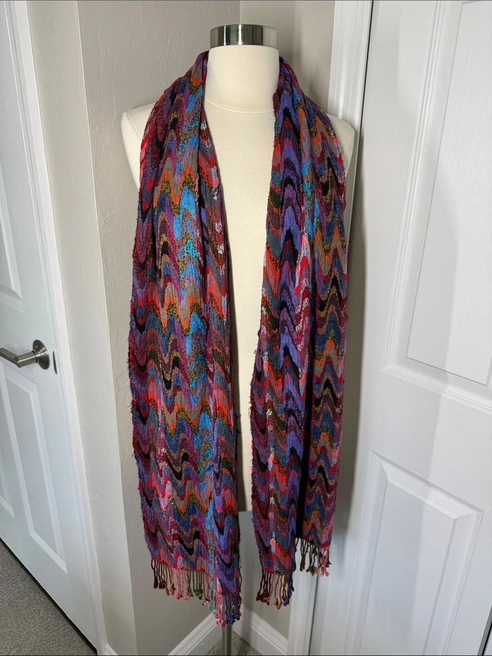 taleen woven colorful abstract print scarf with fringe made in India